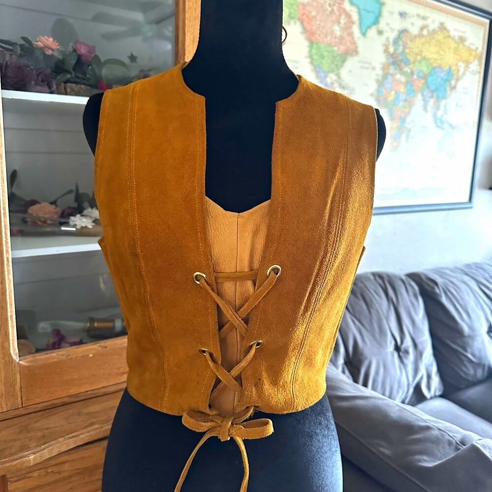 Vintage Jorgens Suede Vest + Leather Halter Bralette Tan Boho Western